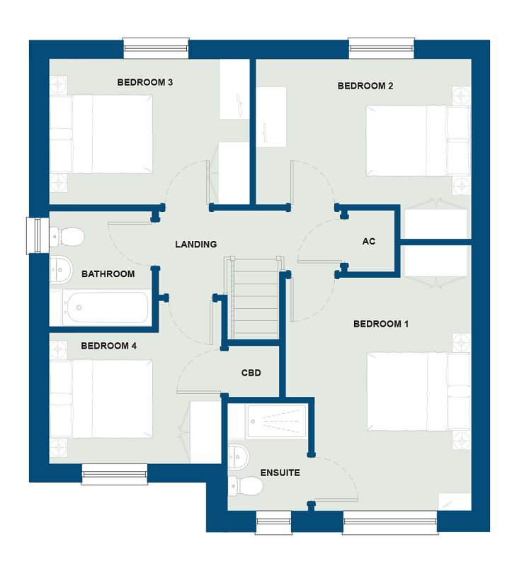 First Floor - The Luxon (Cupboard plcement bed 4 & bath window)