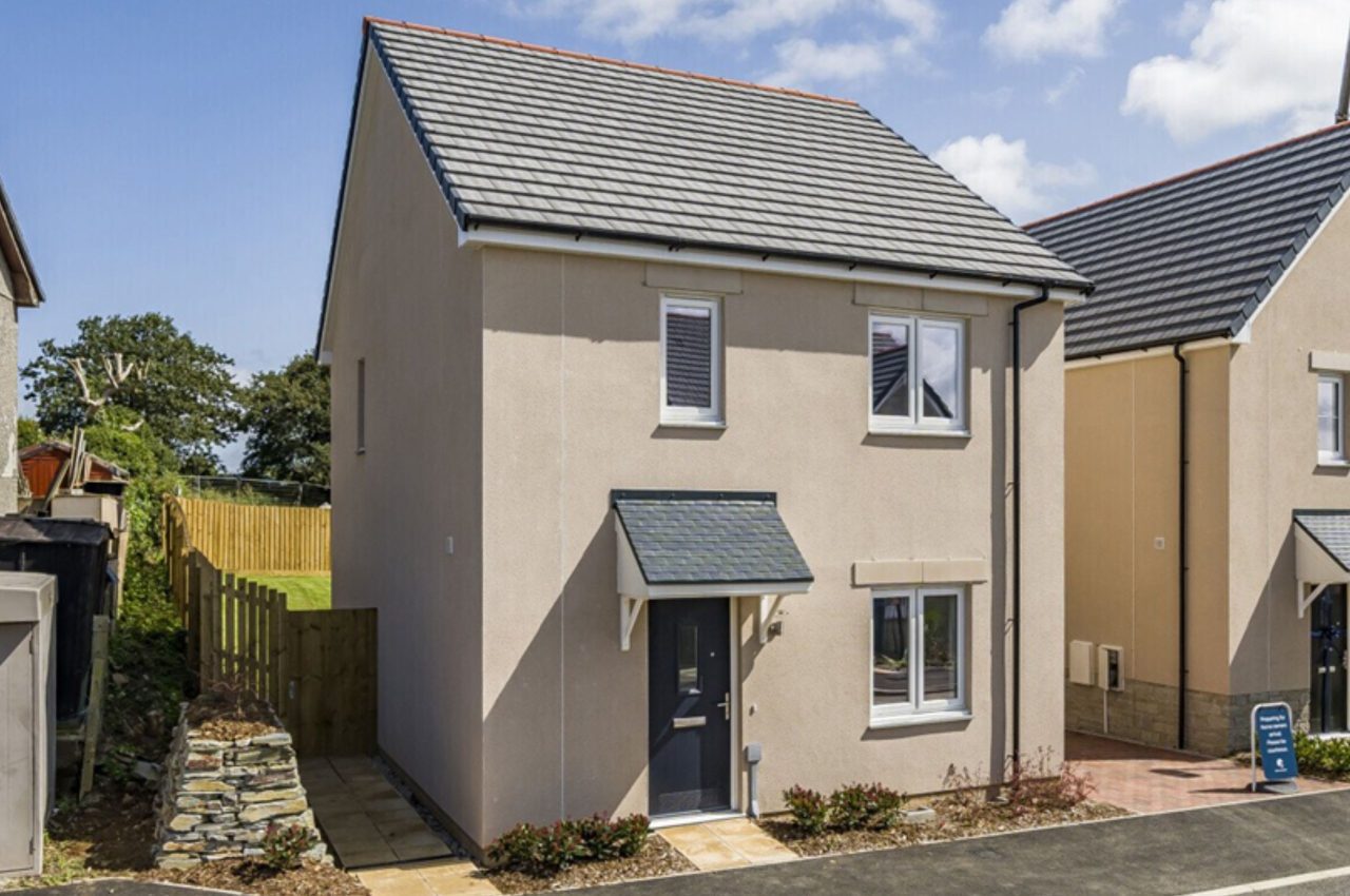 Front view of a modern house with a sleek design, featuring windows and front door and a well-kept frontage.