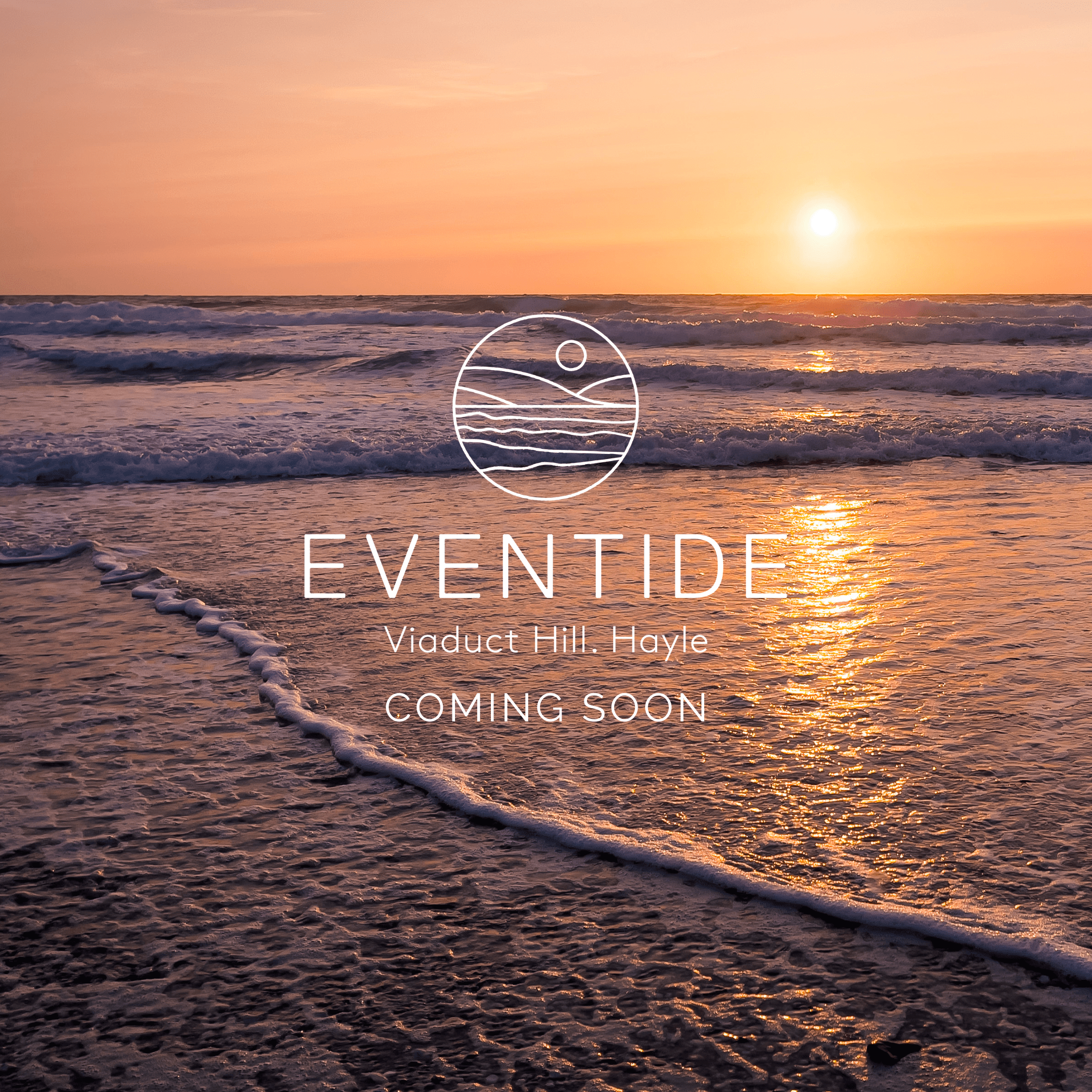 Sunset over the Cornish coastline with the sea in the background. The Eventide logo and ‘Coming Soon’ text overlay the image.